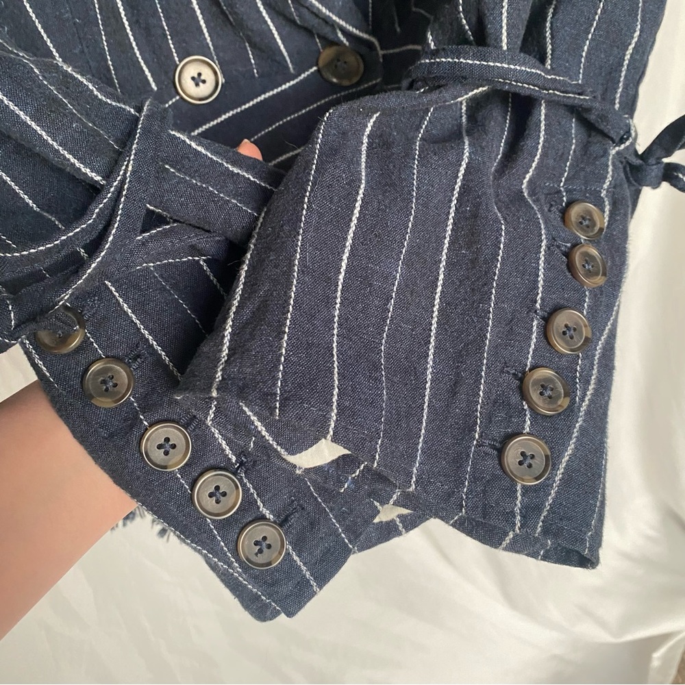 FREE PEOPLE Stella Striped Frayed Hem Blue Blazer Size XS Linen Coastal Office - Picture 6 of 11